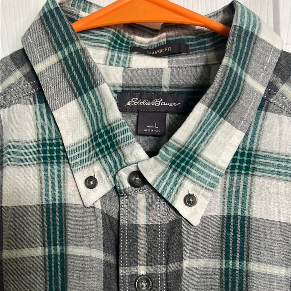 Eddie Bauer Green and Gray Casual Button Down Shirt
